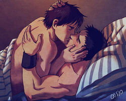  2boys bara black_hair blush conner_kent couple covering_privates cris_art dc_comics from_side half-closed_eyes hand_in_another&#039;s_hair hand_on_another&#039;s_cheek hand_on_another&#039;s_face hand_on_another&#039;s_head kissing lying lying_on_person male_focus md5_mismatch multiple_boys muscular muscular_male nude_cover on_back on_bed shared_blanket short_hair thick_eyebrows tim_drake toned toned_male triceps yaoi 