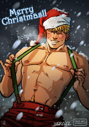  1boy bara blonde_hair blush breath cowboy_shot cris_art ear_piercing grin hat hulkling looking_at_another male_focus marvel md5_mismatch merry_christmas muscular muscular_male navel_hair one_eye_closed pants pectorals piercing red_pants santa_hat seductive_smile short_hair smile snowing solo suspenders_pull thick_eyebrows topless_male 