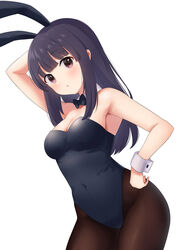  animal_ears black_bow black_bowtie black_hair black_leotard black_pantyhose blunt_bangs bow bowtie breasts cleavage commentary_request cowboy_shot detached_collar fake_animal_ears female furutori highres leotard long_hair medium_breasts original pantyhose playboy_bunny rabbit_ears red_eyes simple_background solo strapless strapless_leotard white_background wrist_cuffs 