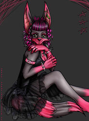  2006 anthro biped black_background black_nose bracelet breasts canid canine chin_piercing chin_stud clothed clothing ear_piercing ear_ring female hair industrial_piercing jewelry mammal piercing pink_bracelet raccoon_dog redderz ring_piercing simple_background sitting smile solo spiked_bracelet spikes tanuki topwear 