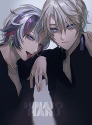  2boys arm_around_shoulder arm_on_another&#039;s_shoulder black_shirt blue_eyes chains character_name collared_shirt commentary_request earrings eyelashes fuwa_minato gold_chain grey_hair highres jewelry kaida_haru kan_no_juusu looking_at_viewer male_focus multicolored_hair multiple_boys necklace nijisanji open_collar pink_hair purple_eyes purple_hair ring shirt smile streaked_hair tongue tongue_out upper_body virtual_youtuber 