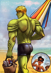  2boys :3 alien ass back bara beach black_hair blonde_hair blush chest_hair chibi chibi_inset colored_skin couple cris_art ear_piercing feet_out_of_frame green_scales green_skin grey_male_swimwear holding holding_umbrella hulkling interspecies kid_loki looking_at_viewer looking_back male_focus male_swimwear marvel md5_mismatch multiple_boys muscular muscular_male piercing sand short_hair sparkle sparkle_background sunglasses swim_briefs thick_eyebrows topless_male turning_head umbrella walking water wiccan yaoi 