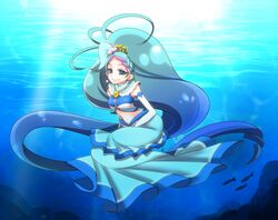  absurdly_long_hair blue_dress blue_eyes blue_hair blue_theme caustics closed_mouth crop_top cure_mermaid cure_mermaid_(mode_elegant) dress elbow_gloves female fish full_body gloves go!_princess_precure kaidou_minami long_hair looking_at_viewer magical_girl mermaid_dress multicolored_hair navel precure purple_hair siro_(hue_white) sitting smile solo streaked_hair two-tone_hair underwater very_long_hair white_gloves 