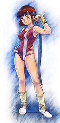  1980s_(style) absurdres arm_up blue_headband blush breasts brown_eyes brown_hair commentary_request female full_body hachimaki hand_on_own_hip headband highres leotard looking_at_viewer maruyama_musashi medium_breasts purple_leotard retro_artstyle short_hair smile solo takaya_noriko top_wo_nerae! variant_set wristband yellow_wristband 