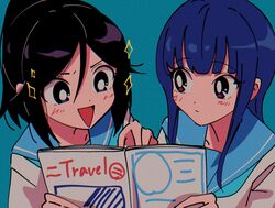  1990s_(style) 2girls black_hair blue_background blue_eyes blue_hair blue_neckerchief blue_sailor_collar blush closed_mouth film_grain hibike!_euphonium highres holding holding_magazine index_finger_raised kasaki_nozomi kitauji_high_school_uniform liz_to_aoi_tori long_hair looking_at_another magazine_(object) multiple_girls neckerchief nzeneee open_magazine open_mouth parody ponytail red_eyes retro_artstyle sailor_collar school_uniform serafuku shirt short_sleeves simple_background smile style_parody white_shirt yoroizuka_mizore 