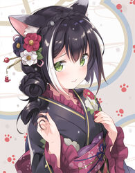  animal_ear_fluff animal_ears black_flower black_hair black_kimono blush braid cat_ears cat_girl closed_mouth commentary female floral_print flower green_eyes hair_between_eyes hair_bun hair_flower hair_ornament hands_up japanese_clothes karyl_(new_year)_(princess_connect!) karyl_(princess_connect!) kimono kurasawa_moko long_hair long_sleeves looking_at_viewer multicolored_hair obi pink_nails princess_connect! print_kimono red_flower sash single_hair_bun solo streaked_hair upper_body white_flower white_hair wide_sleeves 