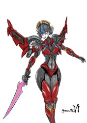  absurdres autobot bad_id bad_pixiv_id blue_eyes bra breasts curvy female gonzo_mk06 highres mecha medium_breasts red_bra revealing_clothes robot simple_background solo sword thick_thighs thighs transformers underwear weapon white_background windblade wings 