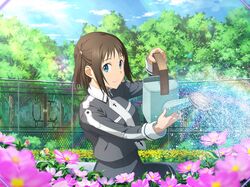  blue_eyes blurry blurry_foreground brown_hair closed_mouth collared_shirt day female flower game_cg garden grey_shirt grey_skirt long_sleeves looking_at_viewer outdoors pink_flower rainbow ronye_arabel school_uniform shirt short_hair skirt smile solo sunlight sword_art_online sword_art_online:_alicization sword_art_online:_unleashed_blading sword_mastery_academy_school_uniform watering_can wing_collar 