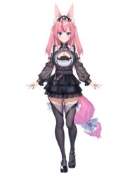  absurdres animal_ear_fluff animal_ears arms_at_sides baffu black_dress black_footwear blue_eyes bow breasts closed_mouth dress female full_body hanayono_menora highres indie_virtual_youtuber layered_dress long_hair long_sleeves looking_at_viewer mary_janes medium_breasts pink_hair second-party_source shoes short_dress simple_background solo standing tail tail_bow tail_ornament thighhighs twintails virtual_youtuber white_background white_bow zettai_ryouiki 