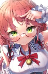  absurdres bell bespectacled blush breasts close-up closed_mouth collared_shirt commentary detached_sleeves female frilled_sleeves frills glasses gradient_eyes green_eyes hand_on_own_head highres hololive jingle_bell large_breasts long_hair looking_at_viewer maeru multicolored_eyes neck_ribbon open_collar pink_hair red-framed_eyewear red_ribbon ribbon sakura_miko sakura_miko_(casual) semi-rimless_eyewear shirt solo symbol-only_commentary under-rim_eyewear upper_body virtual_youtuber white_background white_shirt 