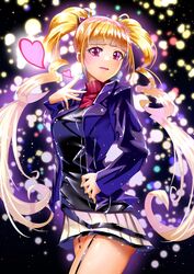  absurdres aged_up aisaki_emiru blonde_hair blue_jacket blunt_bangs cowboy_shot cure_macherie curecycadura eyelashes female floating_hair garter_straps gradient_hair heart highres hugtto!_precure jacket long_hair long_sleeves looking_at_viewer makeup mascara miniskirt multicolored_hair open_clothes open_jacket open_mouth pleated_skirt precure red_eyes red_sweater skirt solo standing sweater turtleneck turtleneck_sweater twintails very_long_hair white_hair white_skirt 