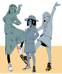  3girls absurdres arm_up asakusa_midori black_legwear blazer bob_cut commentary eizouken_ni_wa_te_wo_dasu_na! eyewear_on_head freckles glasses hat highres inverted_bob jacket kanamori_sayaka limited_palette makai mizusaki_tsubame multiple_girls necktie open_mouth pantyhose pencil photoshop_(medium) pleated_skirt pose school_uniform shoes skirt smile sneakers standing standing_on_one_leg 