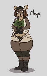  absurd_res anthro binoculars boots bottomwear breasts brown_body brown_fur brown_hair buckteeth clothed clothing cosmic_klutz cricetid eyewear female footwear fully_clothed fur glasses hair hamster hi_res mammal nerd open_mouth rodent round_glasses shirt shorts simple_background slightly_chubby solo standing tank_top teeth thick_thighs topwear unbuttoned_pants vest 