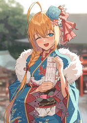  ;d ahoge animal_print blonde_hair blue_eyes blue_kimono blurry blurry_background blush butterfly_print dango_hair_ornament day female flower flower_knot food-themed_hair_ornament fur_scarf furisode goumudan hair_between_eyes hair_flower hair_ornament hair_over_shoulder hair_ribbon hair_stick hatsumoude highres holding holding_paper japanese_clothes kimono long_hair looking_at_viewer new_year obi obiage obijime official_alternate_costume omikuji one_eye_closed open_mouth orange_hair outdoors paper pecorine_(new_year)_(princess_connect!) pecorine_(princess_connect!) princess_connect! ribbon sash shrine smile solo sunlight upper_body wide_sleeves 