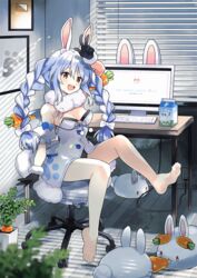  :d animal_ear_fluff animal_ears bare_legs barefoot black_leotard blue_hair blush bow braid breasts carrot_hair_ornament chair cleavage commentary_request computer_keyboard detached_sleeves don-chan_(usada_pekora) dorsiflexion dress feet female food-themed_hair_ornament full_body fur_scarf hair_ornament hairbow hololive indoors leotard leotard_under_clothes long_hair medium_breasts milk_carton monitor multicolored_hair negiyan office_chair pekomon_(usada_pekora) plant potted_plant rabbit_ears red_eyes short_eyebrows sitting smile solo strapless strapless_dress swivel_chair thick_eyebrows toes twin_braids twintails two-tone_hair usada_pekora usada_pekora_(1st_costume) virtual_youtuber white_bow white_dress white_hair window_blinds 