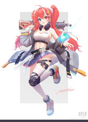  absurdres ahoge apex_legends artist_name bare_shoulders blue_eyes breasts cleavage commentary crop_top english_commentary female gun hair_between_eyes hair_ornament hand_up heterochromia highres holding holding_gun holding_weapon lightning_bolt_hair_ornament lightning_bolt_symbol long_hair looking_at_viewer mcg6 medium_breasts midriff multicolored_hair navel off_shoulder parted_lips personification purple_skirt red_eyes red_hair shoes signature skindentation skirt smile sneakers solo sports_bra stomach streaked_hair submachine_gun thigh_strap thighhighs thighs twintails volt_smg weapon white_hair white_sports_bra 