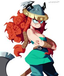  artist_name axe barbara_(rayman) bare_shoulders closed_mouth crop_top female helmet highres long_hair midriff orange_hair rayman_(series) rayman_legends scar scar_on_face simple_background smile solo weapon werfmight white_background winged_helmet 