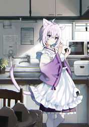  ahoge animal_ear_fluff animal_ears apron blush cat_ears cat_girl cat_tail closed_mouth commentary_request female food frilled_skirt frills hair_between_eyes highres holding holding_food hololive indoors japanese_clothes kimono kitchen long_sleeves looking_at_viewer microwave negiyan nekomata_okayu nekomata_okayu_(new_year) official_alternate_costume onigiri pantyhose plate purple_eyes purple_hair ribbon-trimmed_sleeves ribbon_trim rice_cooker sink skirt solo tail virtual_youtuber water_heater white_apron white_pantyhose wide_sleeves 