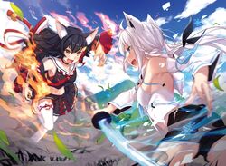  2girls ahoge animal_ear_fluff animal_ears black_hair braid commentary fire fox_ears fox_girl fox_tail hair_between_eyes hair_ornament holoearth_chronicles hololive long_hair looking_at_viewer multicolored_hair multiple_girls official_art ookami_mio ookami_mio_(1st_costume) red_hair shirakami_fubuki shirakami_fubuki_(1st_costume) sword tail virtual_youtuber weapon white_hair wolf_ears yachimoto 