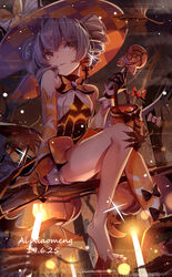  absurdres ai_xiao_meng artist_name barefoot branch bronya_zaychik bronya_zaychik_(snowy_sniper) candy closed_mouth dated drill_hair earrings female food grey_eyes grey_hair hat highres holding holding_food honkai_(series) honkai_impact_3rd in_tree jewelry leaf lollipop looking_afar pumpkin sitting sitting_in_tree socks solo toes tree twin_drills unworn_socks witch witch_hat 