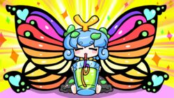  antennae aqua_hair barefoot black_dress blush_stickers butterfly_wings closed_eyes cup dress drink drinking drinking_glass drinking_straw drinking_straw_in_mouth edowan eternity_larva fairy female hair_between_eyes highres insect_wings leaf leaf_on_head short_hair solo sparkle thick_eyebrows touhou wings 