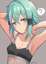  ? absurdres aqua_eyes aqua_hair armpits arms_up black_sports_bra blush breasts cleavage closed_mouth commentary female frown grey_background hair_ornament hairclip highres looking_at_viewer medium_hair sidelocks simple_background sinon small_breasts solo split_mouth spoken_question_mark sports_bra sword_art_online tofumang twitter_username upper_body 