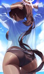  arms_behind_head ass bikini black_bikini blue_archive blue_shirt blue_sky breasts brown_hair cloud commentary cowboy_shot dark-skinned_female dark_skin day dress_shirt female from_behind from_below halo hand_in_own_hair highres karin_(blue_archive) large_breasts lens_flare long_hair long_sleeves looking_at_viewer looking_back open_clothes open_shirt outdoors ponytail purple_halo sbgu see-through_silhouette shirt sky solo standing swimsuit symbol-only_commentary thigh_gap very_long_hair water_drop wet yellow_eyes 