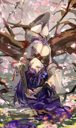  absurdres black_thighhighs blue_flower braid breasts cherry_blossoms dangling female flower genshin_impact hair_flower hair_ornament highres in_tree japanese_clothes kimono large_breasts long_hair lying mochi_upamo mole mole_under_eye obi on_back petals purple_eyes purple_hair purple_kimono raiden_shogun red_sash sash sitting sitting_in_tree solo thighhighs tree very_long_hair 