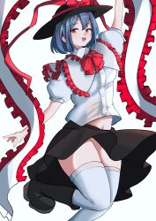  absurdres black_hat black_skirt blue_hair female hat hat_ribbon highres looking_at_viewer mesuosushi midriff nagae_iku red_eyes ribbon shirt short_hair skirt smile solo thighhighs touhou white_background white_shirt white_thighhighs 