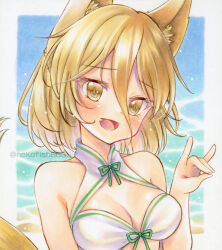  :d animal_ear_fluff animal_ears blush brown_eyes brown_hair commentary female fox_ears fox_shadow_puppet fox_tail hair_between_eyes hashtag-only_commentary kudamaki_tsukasa looking_at_viewer nekofish666 open_mouth short_hair smile solo tail touhou traditional_media twitter_username upper_body 