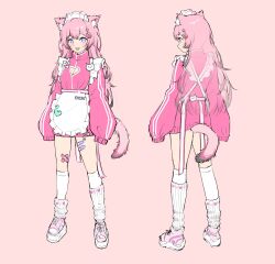  :3 :d animal_ears ankle_socks apron asymmetrical_legwear bandaid bandaid_on_leg blush breasts cat_ears cat_girl cat_tail cleavage cleavage_cutout clothing_cutout commentary crossed_bandaids english_commentary enoki_(vtuber) female frilled_apron frills full_body heart_cutout highres indie_virtual_youtuber jacket jersey_maid kneehighs long_hair long_sleeves loose_socks maid maid_headdress medium_breasts open_mouth pink_background pink_footwear pink_hair pink_jacket purple_eyes simple_background sleeves_past_fingers sleeves_past_wrists smile socks standing tail tofumang unconventional_maid uneven_legwear variations virtual_youtuber waist_apron white_apron white_socks 