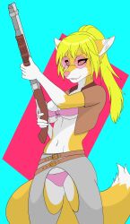  absurd_res bottomwear canid canine clothed clothing crotchless_bottomwear crotchless_clothing crotchless_pants eyewear female fox glasses gun hair hi_res holding_gun holding_object holding_ranged_weapon holding_weapon imjim007 looking_at_viewer mammal open_mouth pants ranged_weapon simple_background smile solo tail teeth underwear weapon 