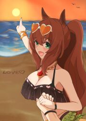  animal_ears beach bikini bracelet breasts brown_hair cleavage commentary_request eyewear_on_head female flower frilled_bikini frills hair_flower hair_ornament heart heart-shaped_eyewear highres holding_hands horse_ears horse_girl jewelry kyoshinsya_ysis large_breasts maruzensky_(blasting_off_summer_night)_(umamusume) maruzensky_(umamusume) necklace ocean official_alternate_costume official_alternate_hairstyle ponytail pov sand solo_focus sunglasses sunset swimsuit umamusume upper_body water 