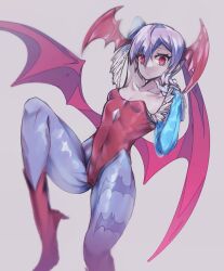  animal_print bare_shoulders bat_print bat_wings breasts bridal_gauntlets demon_girl diamond_cutout female flat_chest head_wings leotard lilith_aensland looking_at_viewer panda=hiro pantyhose print_pantyhose purple_hair red_eyes red_footwear red_leotard short_hair simple_background solo vampire_(game) wings 