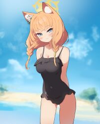  absurdres animal_ear_fluff animal_ears aqua_eyes arms_behind_back beach black_one-piece_swimsuit blue_archive blue_sky blurry braid cat_ears cat_girl cloud cloudy_sky commentary depth_of_field female flower frilled_one-piece_swimsuit frills hair_between_eyes hair_flower hair_ornament hair_tubes halo highres horizon kittenlochen leaning_forward long_hair looking_at_viewer mari_(blue_archive) mari_(swimsuit)_(blue_archive) ocean official_alternate_costume official_alternate_hairstyle one-piece_swimsuit orange_hair outdoors sidelocks single_braid sky solo swimsuit 