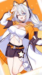  absurdres alternate_breast_size animal_ears bare_legs black_choker black_jacket black_skirt blue_eyes breasts cat_ears choker cleavage cowboy_shot fake_animal_ears female hair_between_eyes highres honkai_(series) honkai_impact_3rd jacket kiana_kaslana kiana_kaslana_(coco) leg_up long_braid long_hair midriff miniskirt missdal navel one_eye_closed open_clothes open_jacket open_mouth orange_background skirt socks tank_top tied_tank_top w white_hair white_socks 