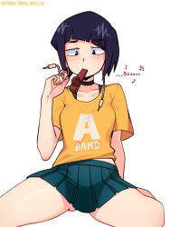  ... absurdres arm_support artist_name ass_visible_through_thighs audio_jack beamed_sixteenth_notes black_choker black_eyes blue_skirt blush boku_no_hero_academia choker clothes_writing collarbone diagonal_bangs eighth_note english_commentary female highres instrument jirou_kyouka kazoo long_earlobes midriff_peek miniskirt music musical_note orange_shirt patreon_username playing_instrument pleated_skirt purple_hair shirt short_hair short_sleeves simple_background sitting skirt solo sound_effects sweatdrop t-shirt tobias_wheller wariza white_background 