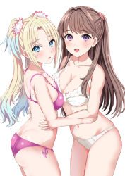  2girls :d ass bare_arms bare_shoulders blonde_hair blue_eyes blue_hair blush bra breasts brown_hair cleavage commentary_request fujishima_megumi gradient_hair hair_intakes highres large_breasts link!_like!_love_live! long_hair love_live! medium_breasts morerin multicolored_hair multiple_girls navel osawa_rurino panties parted_bangs purple_bra purple_eyes purple_panties side-tie_panties simple_background smile two_side_up underwear underwear_only very_long_hair virtual_youtuber white_background white_bra white_panties 