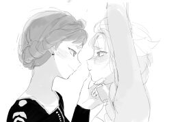  2girls anna_(frozen) blush braid commentary_request earrings elsa_(frozen) eye_contact freckles frozen_(disney) frozen_1022 greyscale hair_up half_up_braid hand_on_another&#039;s_chin hand_on_another&#039;s_face highres incest jewelry korean_commentary long_hair long_sleeves looking_at_another monochrome multiple_girls single_braid smile stud_earrings tearing_up tears upper_body yuri 