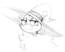  amphibian anthro blush blush_lines bust_portrait cheek_dots clothing female fluffy_clothing frog grefina_(noirchaton4) half-closed_eyes hat headgear headwear looking_at_viewer monochrome narrowed_eyes noirchaton4 portrait smug_grin solo tree_frog witch_hat 