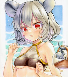  animal_ears blush breasts clenched_hands commentary female grey_hair hashtag-only_commentary looking_at_viewer mouse_ears mouse_girl nazrin nekofish666 ocean open_mouth outdoors red_eyes short_hair solo touhou traditional_media twitter_username upper_body 