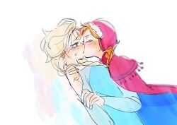  2girls anna_(frozen) blonde_hair blue_dress blush braid cape closed_eyes commentary_request dress elsa_(frozen) freckles frozen_(disney) frozen_1022 hand_on_another&#039;s_arm hat highres incest kissing korean_commentary long_hair multiple_girls orange_hair pink_cape pink_hat simple_background single_braid sweat upper_body white_background yuri 