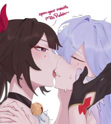  2girls akmz123rr bell black_choker black_gloves blush bright_pupils brown_hair choker closed_eyes commentary english_text gloves hand_on_another&#039;s_face hand_on_another&#039;s_shoulder head_wings highres honkai:_star_rail honkai_(series) licking licking_another&#039;s_face licking_another&#039;s_lips long_hair looking_at_another multiple_girls neck_bell parted_lips purple_eyes purple_hair robin_(honkai:_star_rail) simple_background sparkle_(honkai:_star_rail) sweat tongue tongue_out trembling upper_body white_background white_pupils wings yuri 