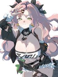  absurdres arm_behind_back bare_shoulders black_ribbon black_shorts breasts cleavage commentary_request cowboy_shot crop_top female fur-trimmed_shorts fur_trim green_eyes hair_ornament hair_ribbon hairclip highres large_breasts leaning_forward long_hair looking_at_viewer mochi_upamo mole mole_on_breast mole_under_eye nicole_demara partial_commentary pink_hair ribbon shorts simple_background smile solo sweat two_side_up v white_background zenless_zone_zero 