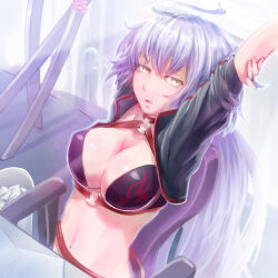  ahoge bikini black_bikini black_jacket breasts choker cleavage cropped_jacket fate/grand_order fate_(series) female grey_hair harnetyss highres jacket jeanne_d&#039;arc_alter_(fate) jeanne_d&#039;arc_alter_(swimsuit_berserker)_(fate) large_breasts long_hair looking_at_viewer navel o-ring o-ring_bikini open_mouth shrug_(clothing) sleeves_rolled_up solo swimsuit very_long_hair yellow_eyes 