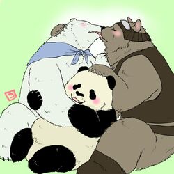  1:1 2013 anthro bear black_body black_eyes black_nose blush brown_bear brown_body conoji giant_panda grizzly_(shirokuma_cafe) grizzly_bear group hug kemono kissing mammal overweight panda-kun paws shirokuma shirokuma_cafe sitting ursine white_body 