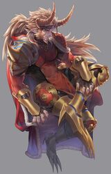  1boy armor blonde_hair blue_eyes brown_gloves cape claws facial_hair fingerless_gloves fur-trimmed_cape fur_trim gloves greaves grey_background horns knee_pads long_hair male_focus original pauldrons pointy_ears ponytail red_cape shield shoulder_armor sideburns simple_background solo tight_clothes turtleneck vambraces winter_(winter168883) 