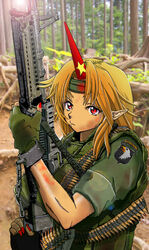  101st_airborne alternate_costume ammunition_belt blonde_hair blood blood_stain chains character_name commentary_request cuffs female fingerless_gloves fingernails forest gloves gun headband holding holding_gun holding_weapon horns hoshiguma_yuugi lens_flare m60 machine_gun military nail_polish nakamura_3sou nature outdoors patch photo_background pointy_ears red_eyes red_nails serious shackles sharp_fingernails short_sleeves shoulder_patch single_horn sleeves_rolled_up solo star_(symbol) tan touhou tree upper_body vietnam_war weapon 