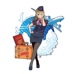  aircraft airplane artist_name bird blonde_hair brown_eyes brown_hair buttons cloud commentary_request crossed_legs dress_shirt female flight_attendant garrison_cap gradient_hair hand_on_own_hip hand_on_own_neck hat high_heels highres idolmaster idolmaster_shiny_colors izumi_mei long_hair looking_at_viewer multicolored_hair neck_ribbon pantyhose passport pencil_skirt ribbon shirt signature skirt smile solo standing suitcase tan travel_attendant twitter_username yadokugaeru 