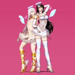  2girls absurdres bayonetta bayonetta_(series) black_hair bridal_gauntlets cosplay crop_top dress flat_chest full_body gladiator_sandals glasses halo high_heels highres jeanne_(bayonetta) locked_arms mole mole_under_mouth multiple_girls navel panty_&amp;_stocking_with_garterbelt panty_(psg) panty_(psg)_(cosplay) pink_background pose riicemochii sandals short_dress simple_background standing stocking_(psg) stocking_(psg)_(cosplay) stomach striped_clothes striped_thighhighs thighhighs white_hair 